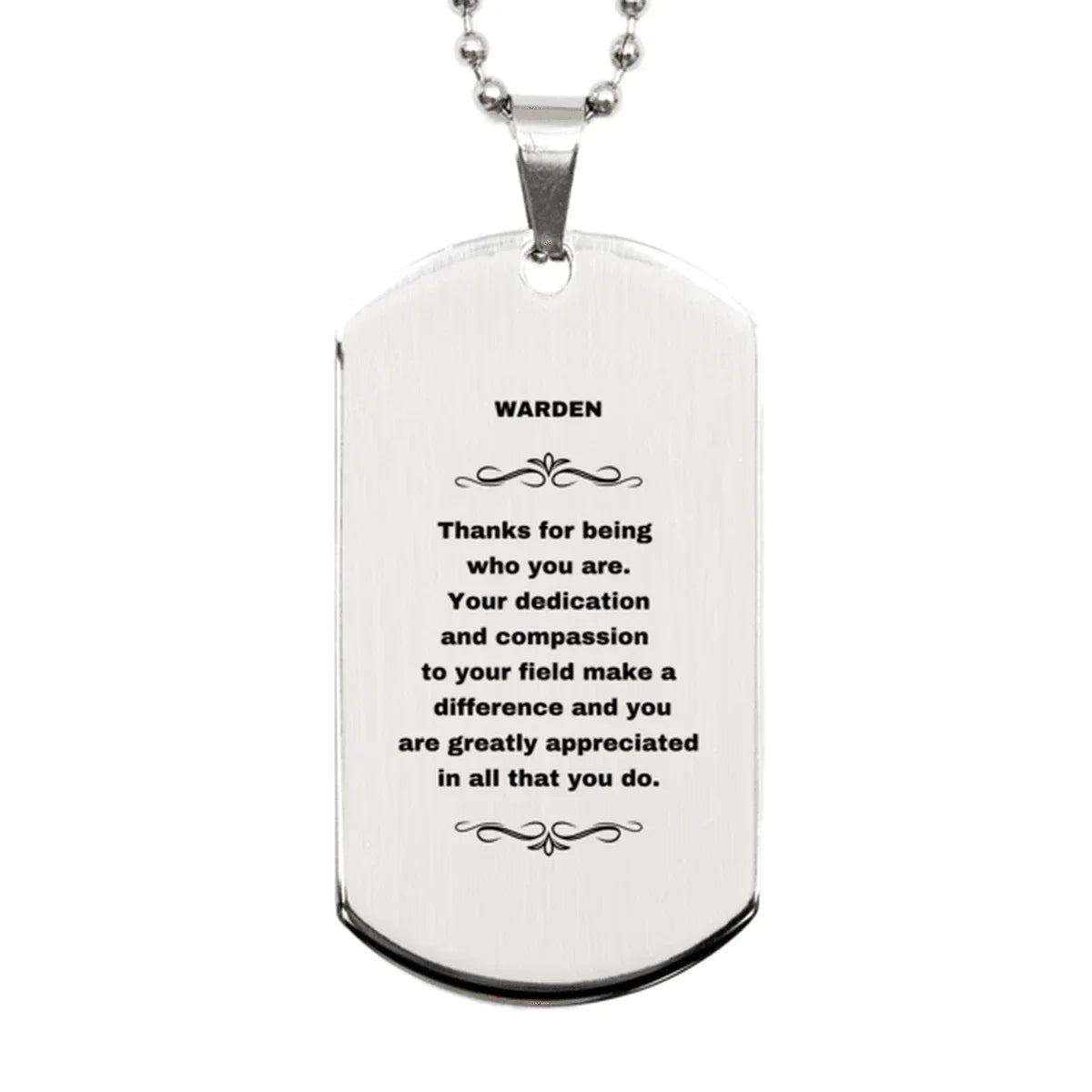 Warden Silver Engraved Dog Tag Necklace - Thanks for being who you are - Birthday Christmas Jewelry Gifts Coworkers Colleague Boss