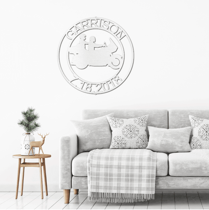 Motorcycle Couple Cruising Custom Name Metal Art Wall Sign - Mallard Moon Gift Shop