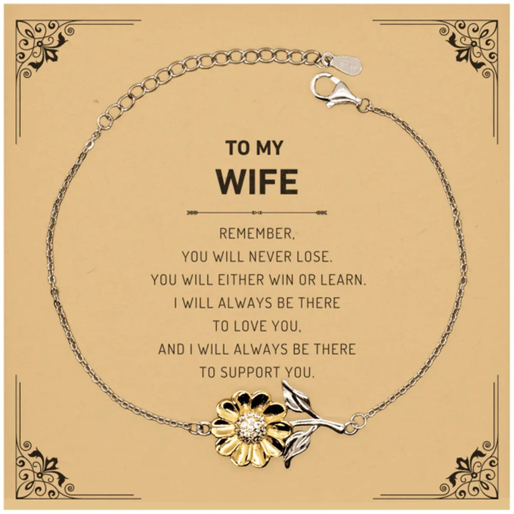 Wife Gifts, To My Wife Remember, you will never lose. You will either WIN or LEARN, Keepsake Sunflower Bracelet For Wife Card, Birthday Christmas Gifts Ideas For Wife X-mas Gifts