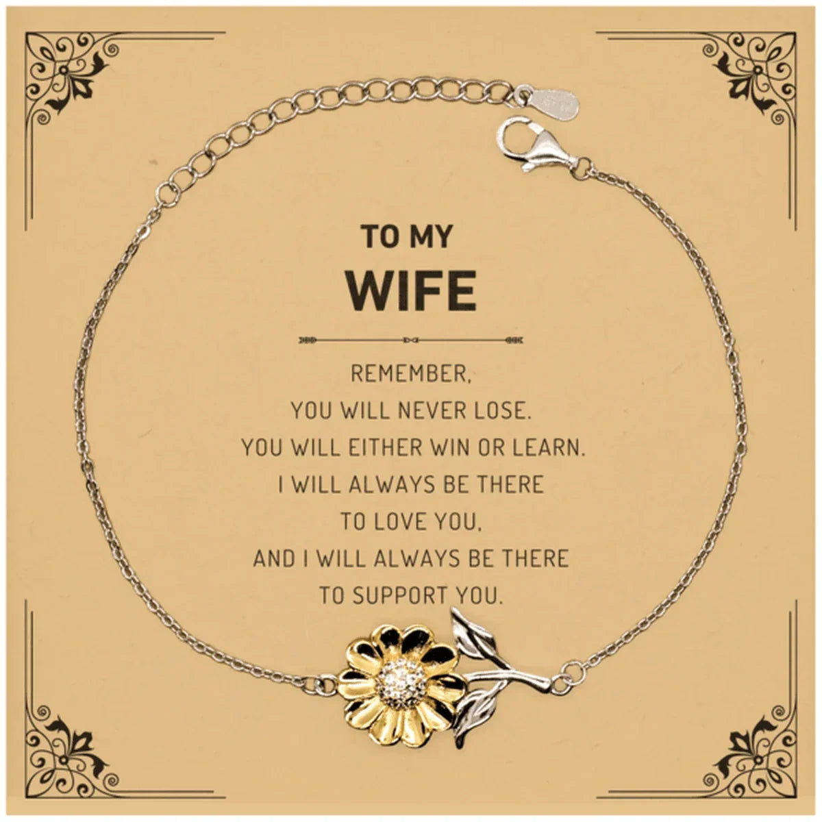 Wife Gifts, To My Wife Remember, you will never lose. You will either WIN or LEARN, Keepsake Sunflower Bracelet For Wife Card, Birthday Christmas Gifts Ideas For Wife X-mas Gifts